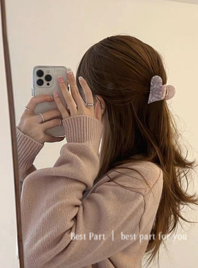 韩国醋酸爱心粉水晶抓夹镶钻超闪轻奢气质法式字母小鲨鱼夹发饰