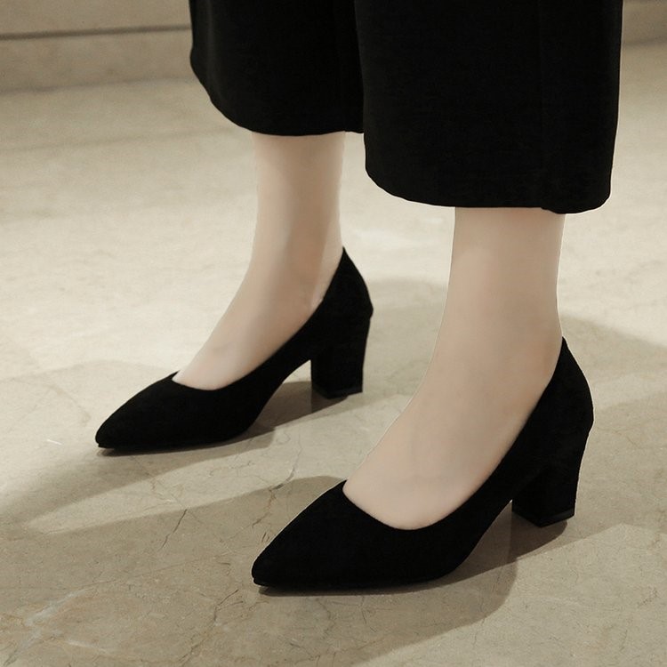 33-43码 41大码女鞋42韩版显瘦高跟鞋粗跟时尚职业浅口绒面单鞋女