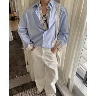 男设计感小众衬衣 衬衫 super boy原创双面穿假两件撞色竖条纹长袖