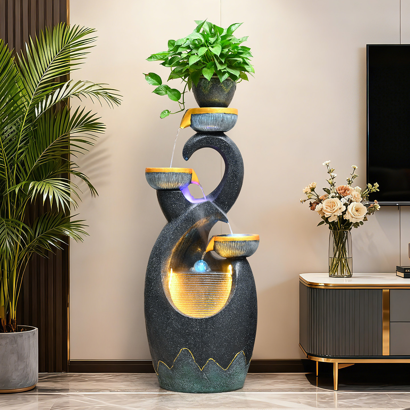 风水流水摆件循环水客厅招财加湿器办公室现代轻奢阳台风水轮造景