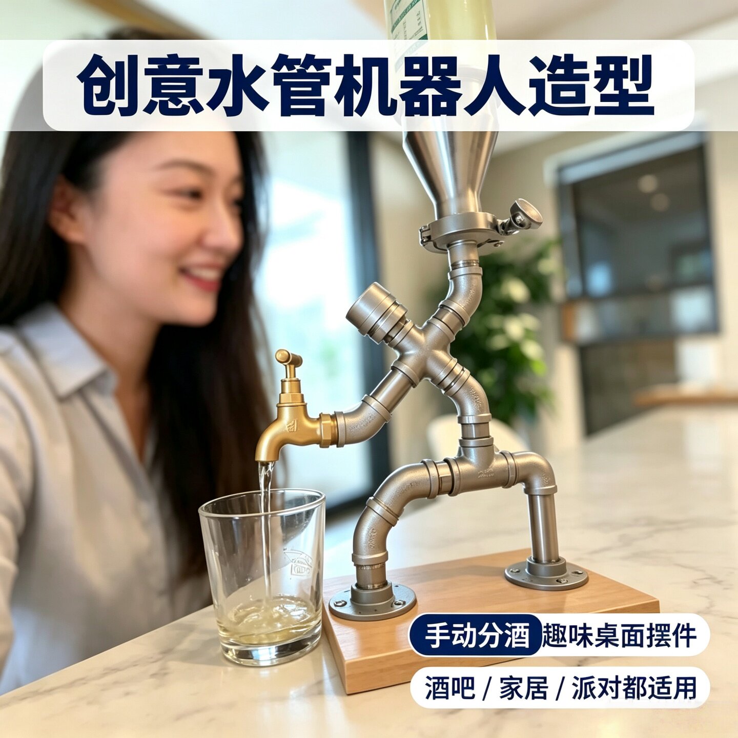 自制水管管道造型机器人洋酒红酒啤酒醒酒器摆件不锈钢分酒器支架