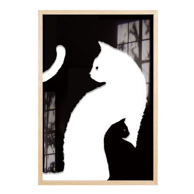 北欧墙面客厅猫咪装饰画餐厅透明画实木框猫挂画黑白
