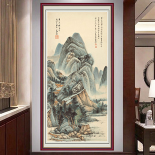 张大千山水画玄关装 茶室禅意仿古画自粘贴画 名家国画竖款 饰画中式