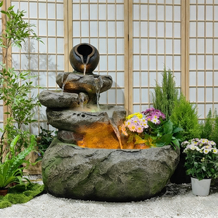 庭院禅意山水落地鱼缸造景生态全套流水摆件自循环造雾大缸布置