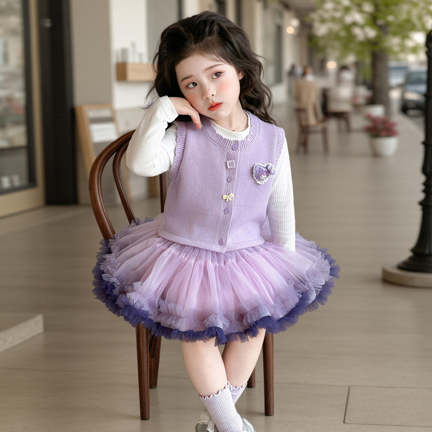 女童针织马甲开衫蓬蓬裙三件套春秋洋气公主裙可爱卡通小香风套装