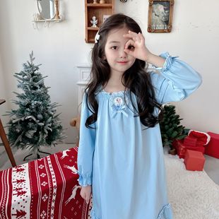 女童爱莎公主风睡衣裙纯棉长袖2026春秋新款甜美宽松家居服连衣裙