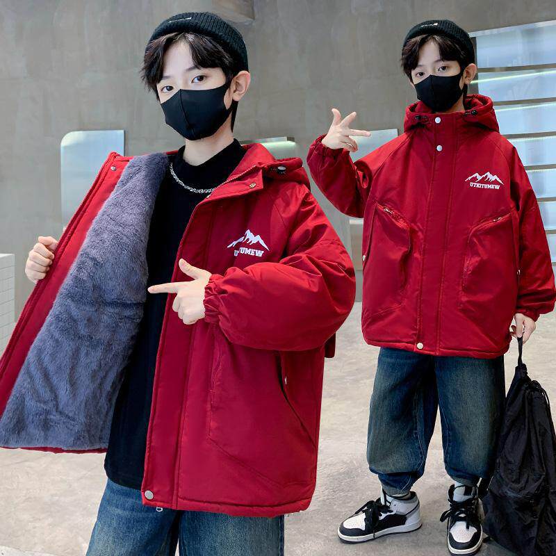 男童加绒冲锋衣2026秋冬装新款中大童加厚大口袋连帽外套男孩棉服