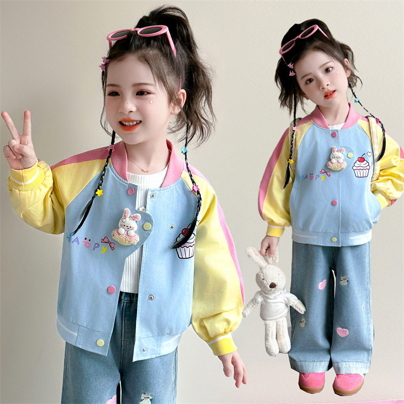 女童拼色卡通棒球服上衣可爱外套