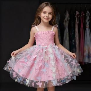 女童蝴蝶吊带网纱公主连衣裙洋气新款宝宝发光甜美可爱表演礼服裙