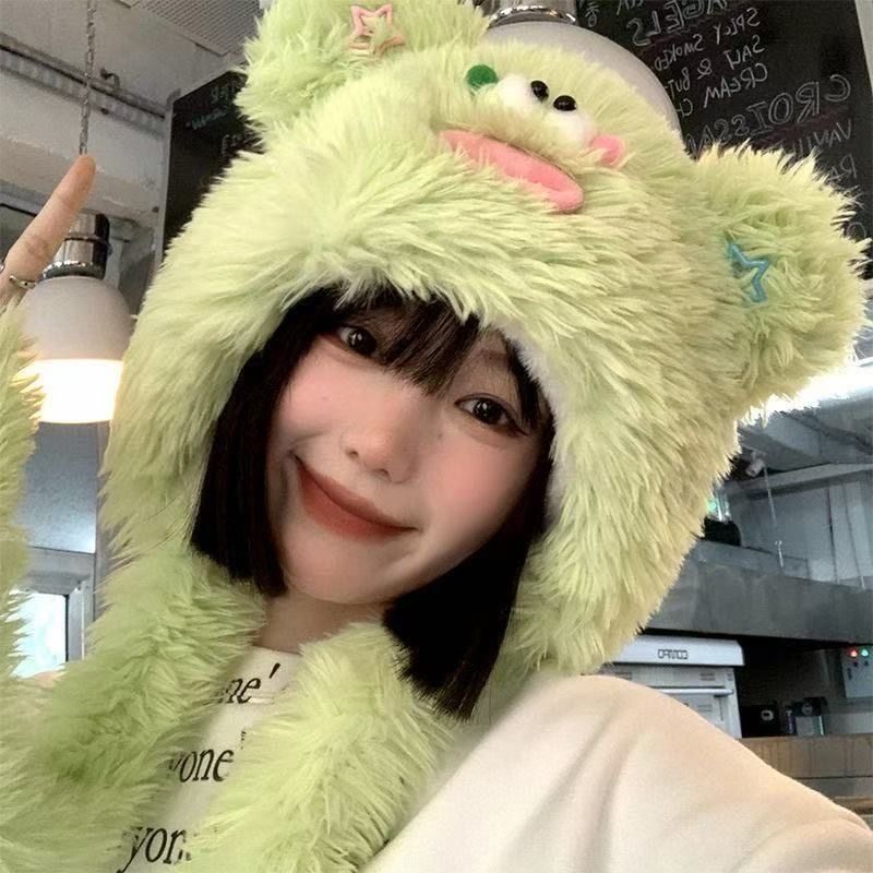 丑萌搞怪毛绒帽子女秋冬季韩版保暖网红帽加绒加厚骑行护耳帽子潮