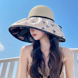 蝴蝶结渔夫帽 2024新款 韩版 户外黑胶遮阳防晒百搭太阳帽子女款 夏季