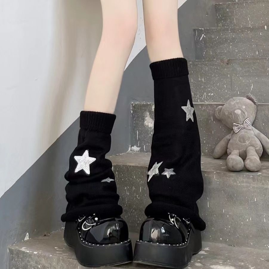 y2k亚文化jk袜子女黑色长筒小腿袜针织袜套星星腿套辣妹堆堆袜潮