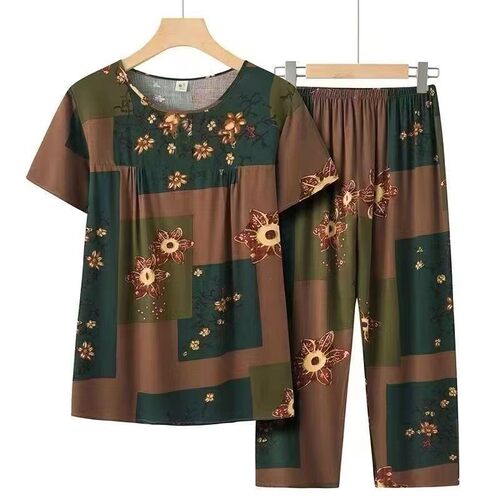 妈妈装夏季休闲冰丝套装宽松大码奶奶短袖上衣宽松中老年人两件套