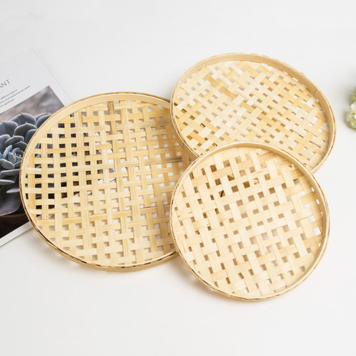 手工有孔竹编簸箕家用编织圆形小竹筛镂空点心糕点托盘竹制品