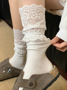 韩系博主同款甜美蕾丝拼接中筒袜女夏季白色百搭芭蕾风小腿堆堆袜