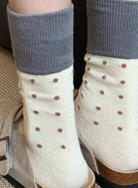 东大门新款白色波点袜子女中筒ins潮复古设计感圆点拼色春秋长袜