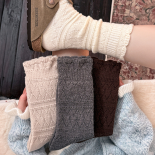 白色羊毛花边中筒袜女秋冬日系镂空针织堆堆袜加厚保暖长筒靴袜子
