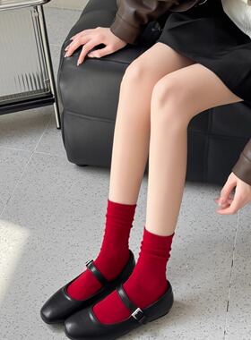 2026马年新年长袜大红色袜子女本命年纯色堆堆袜棉袜ins潮中筒袜