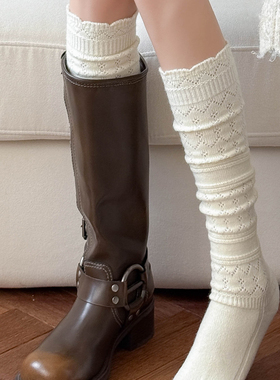 奶白色羊毛堆堆袜女秋冬季美式复古深咖色镂空长筒袜配靴子小腿袜