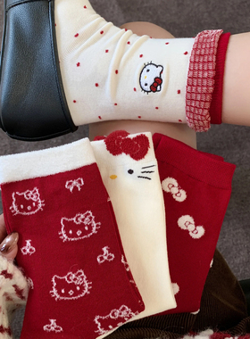 甜美卡通小猫无骨中筒袜女秋季红色日系可爱堆堆袜本命年红袜子