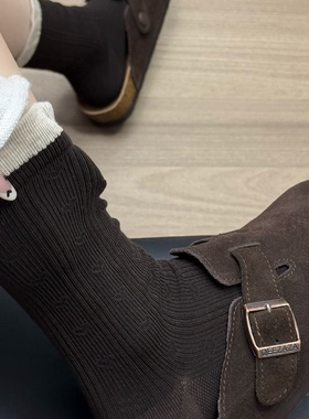 日系复古花边爱心堆堆袜女中筒袜复古无骨针织咖色学院风袜子女