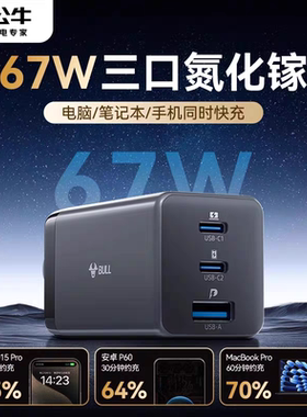 公牛快充氮化镓充电头67W65适用于安卓华为苹果16iPhone1513多口typec插头手机笔记本电脑mackbook通用充电器