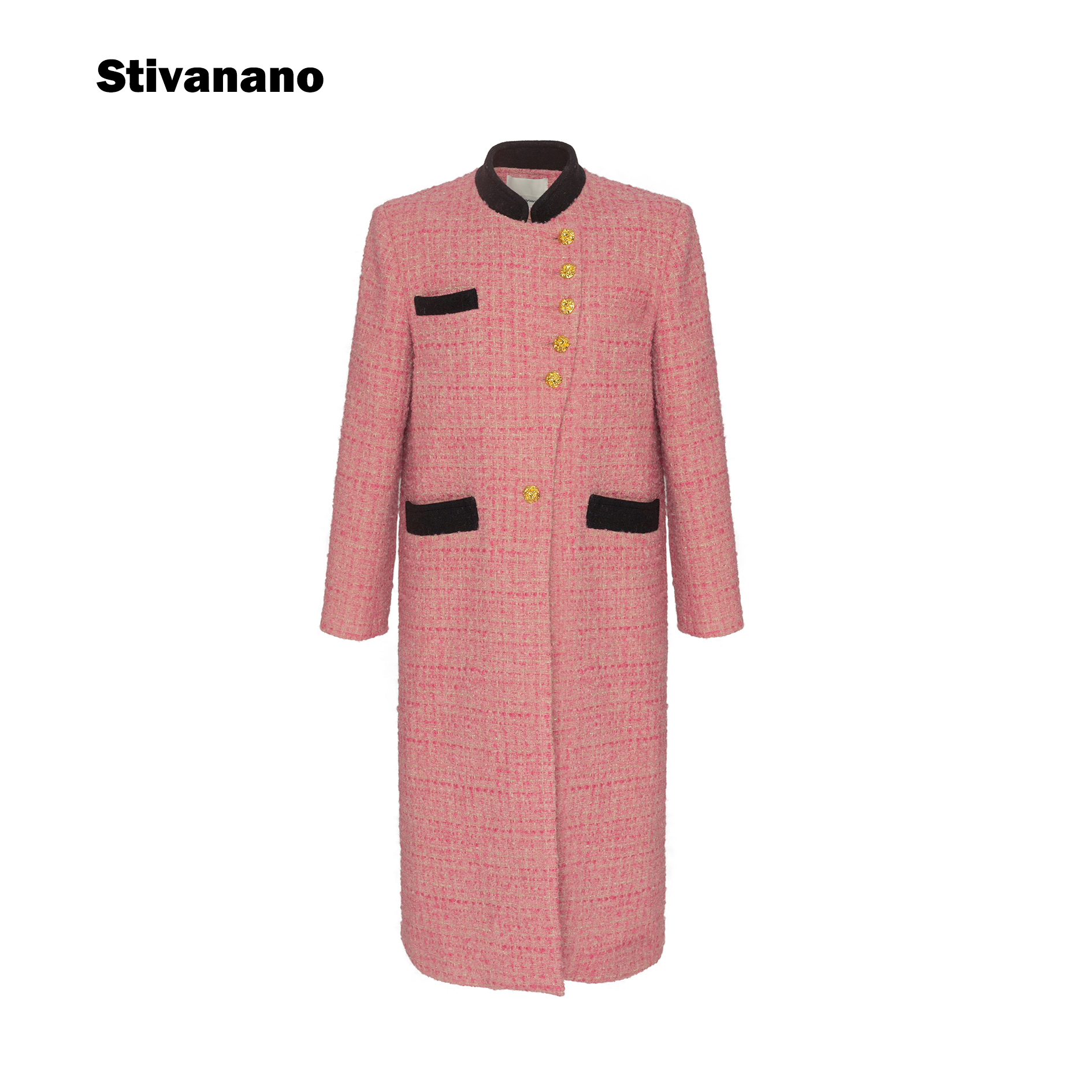 Stivanano花呢斜门襟撞色立领大衣