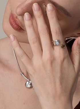 DINN DINN DESIGN原生系列木纹石白贝开口戒指可调节高级感新中式