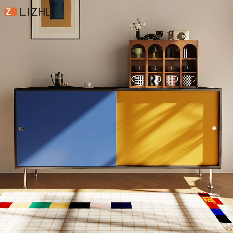 俪住定制餐边柜靠墙一体客厅中古餐厅拼色阳台推拉收纳储物柜定制