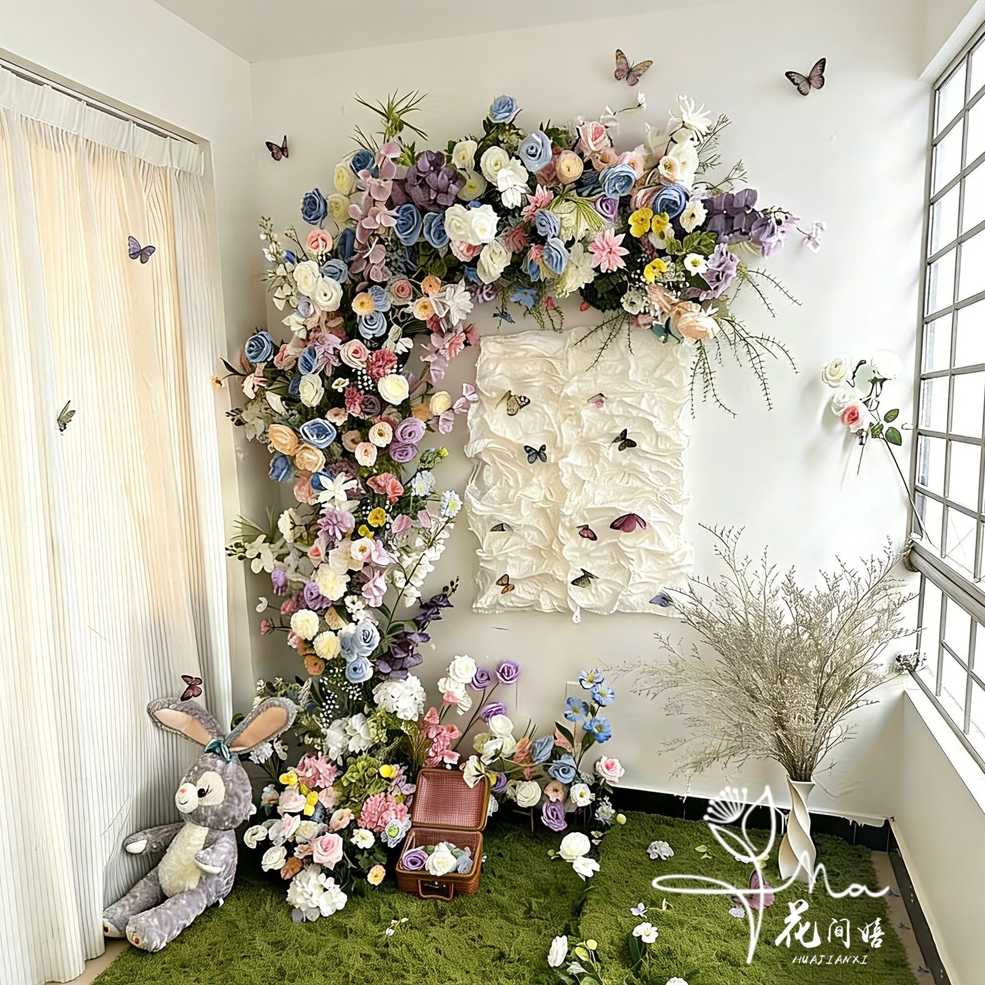 莫奈花园造景仿真花之窗瀑布婚礼布置拱门小红书网红门店打卡橱窗