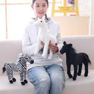 仿真斑马动物园玩偶黑马白马王子毛绒玩具马儿童布娃卡通动物摆件