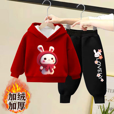 女童加绒套装秋冬款洋气时髦中小儿童宝宝加厚连帽卫衣运动两件套