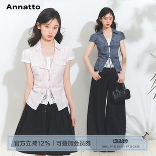 ANNATTO 赴野 原创韩系假两件衬衫蕾丝系带收腰蝴蝶结短袖上衣女