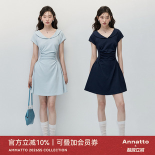 藏青色圆领皱褶收腰显瘦a字休闲连衣裙女 夏季 ANNATTO 风吟自由