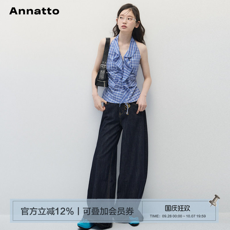 ANNATTO蓝色格纹挂脖背心牛仔裤
