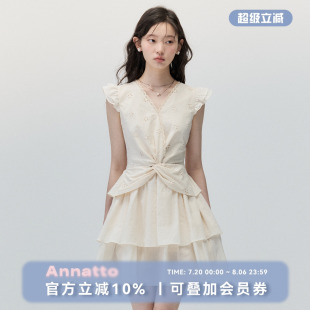 杏色小飛袖 ANNATTO 愛在曠野 原創(chuàng)設(shè)計(jì)感修身 V領(lǐng)連衣裙蛋糕裙女