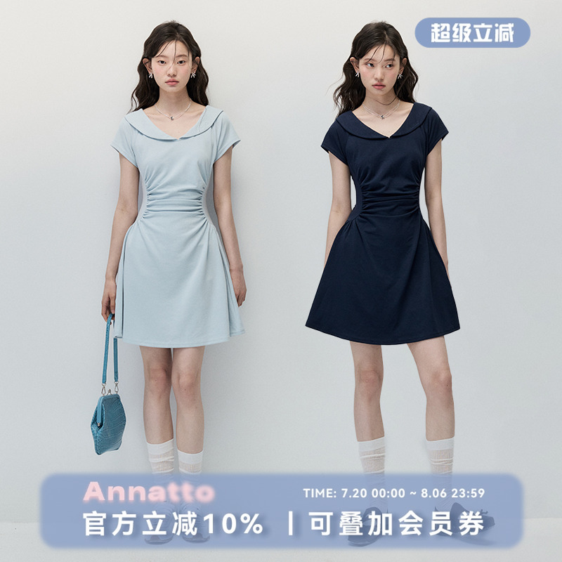 ANNATTO 风吟自由 夏季藏青色圆领皱褶收腰显瘦a字休闲连衣裙女