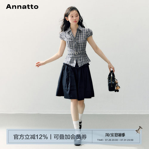 ANNATTO复古格纹腰带短袖衬衫