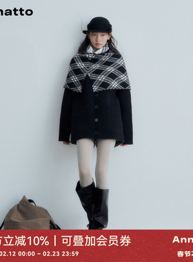 ANNATTO 冬季设计感格纹翻立领斗篷黑色宽松显瘦长款毛衣套装女