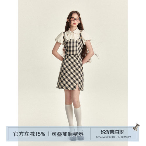 假两件格纹背带裙泡泡袖裙子