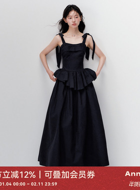 ANNATTO 夏季黑色轻奢感收腰显瘦蝴蝶结吊带连衣裙长裙女