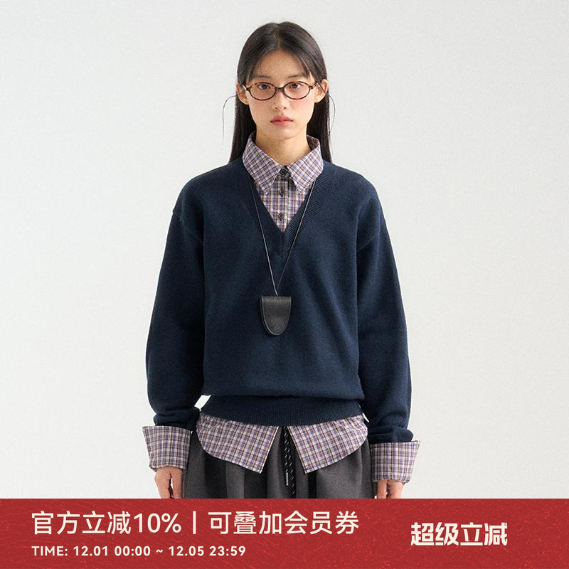 ANNATTO藏青色假两件衬衫领毛衣