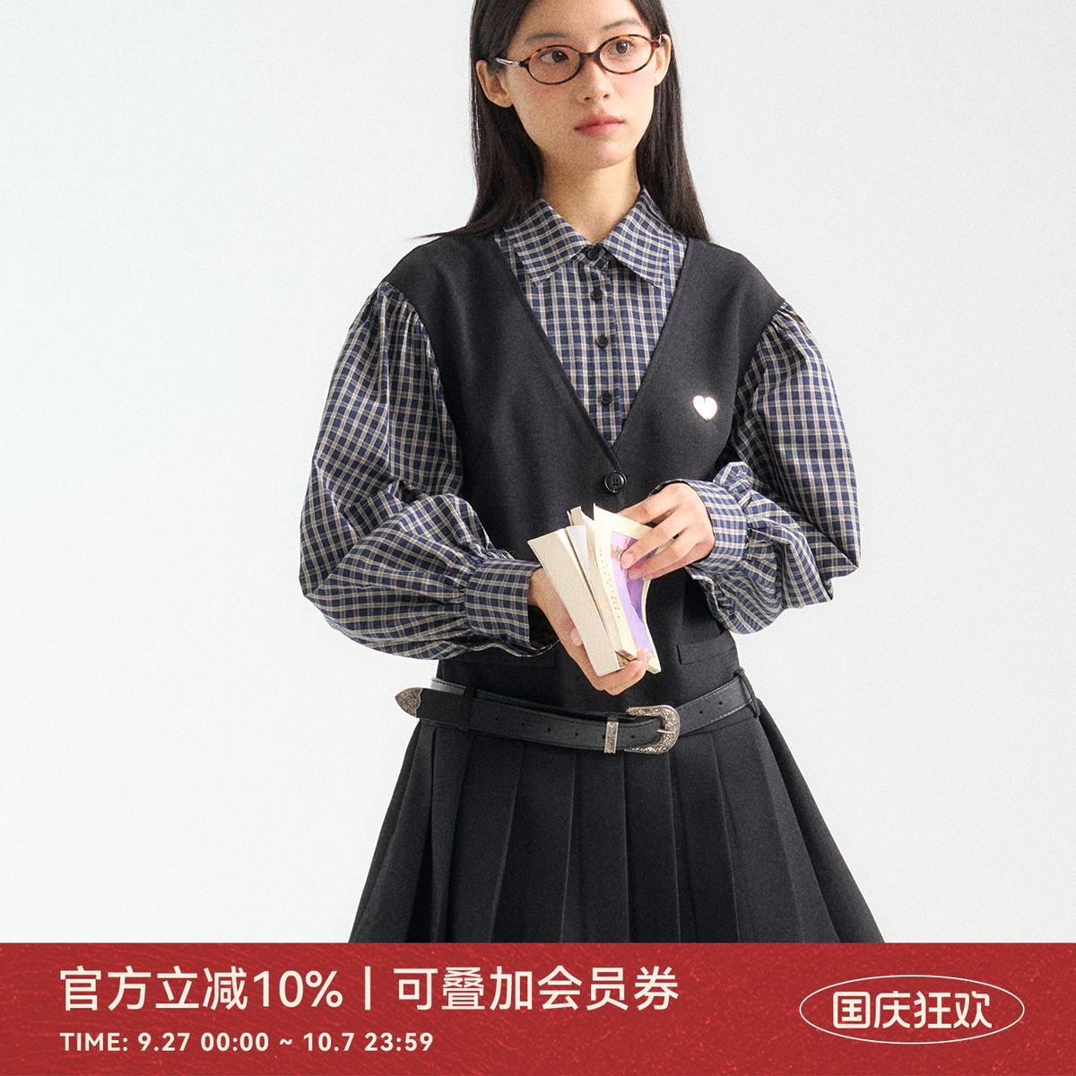 ANNATTO假两件格纹衬衫连衣裙