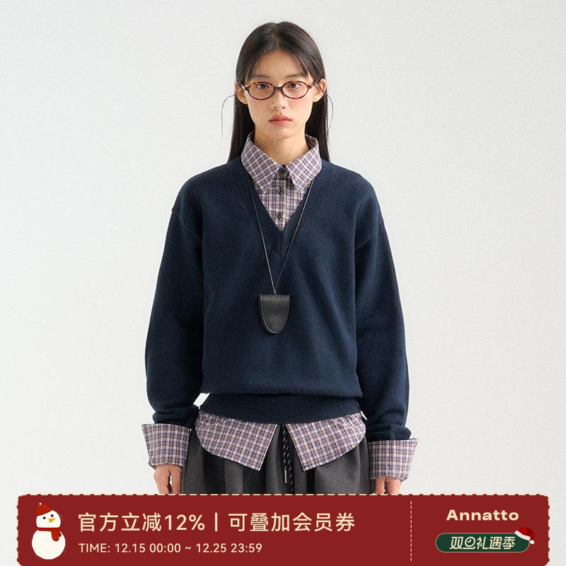 ANNATTO藏青色假两件衬衫领毛衣
