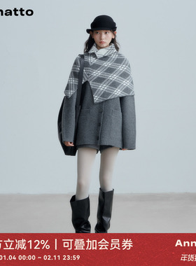 ANNATTO 冬季设计感格纹翻立领斗篷灰色宽松显瘦长款毛衣套装女