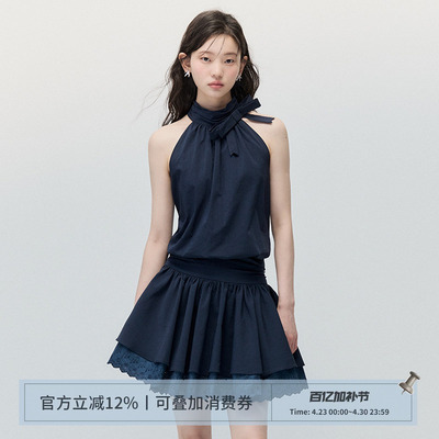 ANNATTO藏青色挂脖无袖连衣裙女