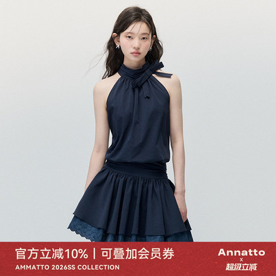 ANNATTO藏青色挂脖无袖连衣裙女