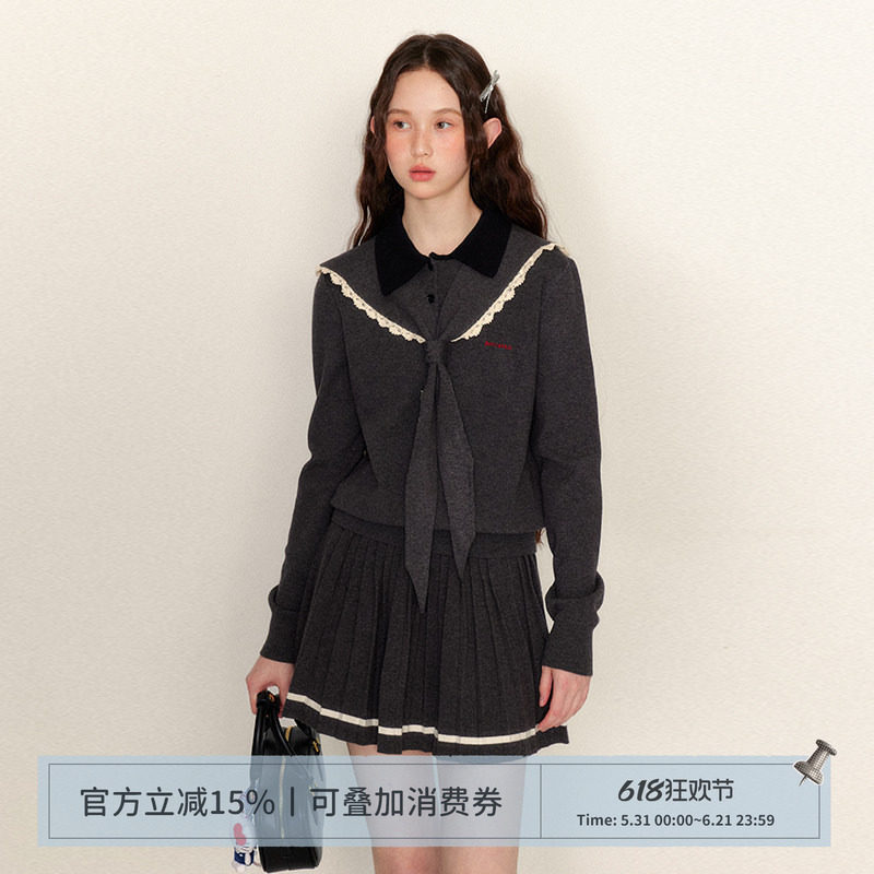 ANNATTO航海日记 针织套装女时尚两件套可拆卸海军领毛衣百褶短裙