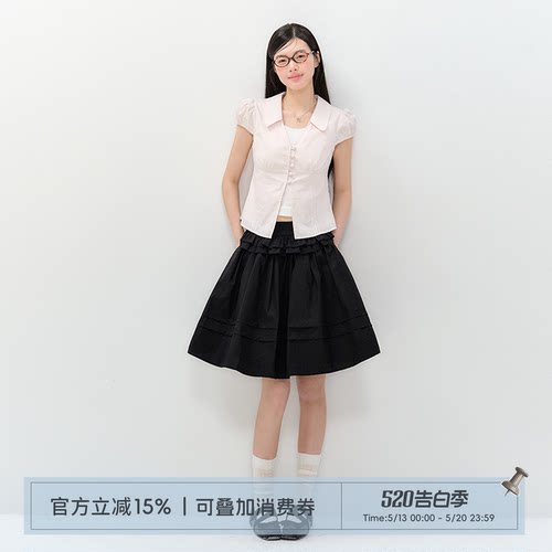 ANNATTOV领粉色衬衫黑色伞裙套装