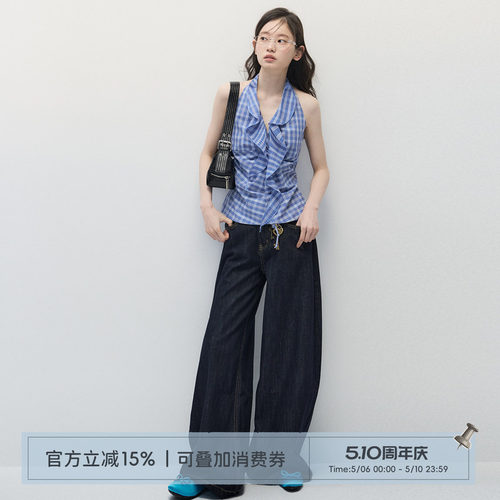 ANNATTO蓝色格纹挂脖背心牛仔裤